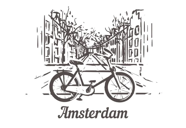 La bicicleta en el fondo de las calles de Ámsterdam con un canal de agua — Vector de stock