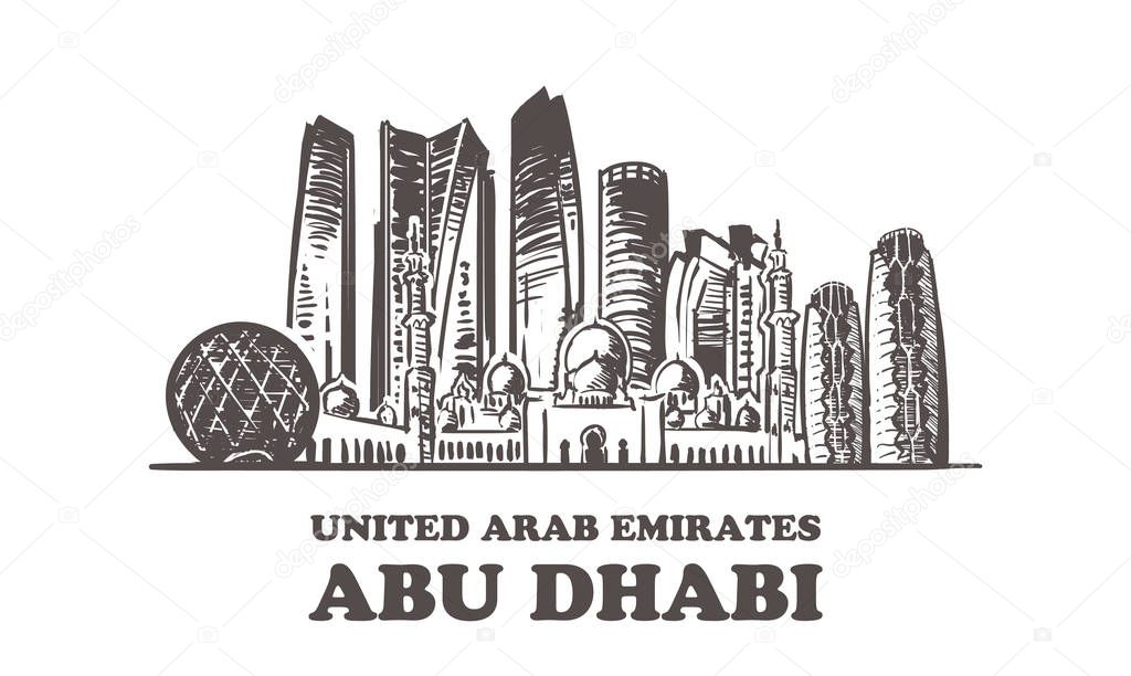 Abu Dhabi sketch skyline. United Arab Emirates, Abu-Dhabi hand drawn vector illustration.