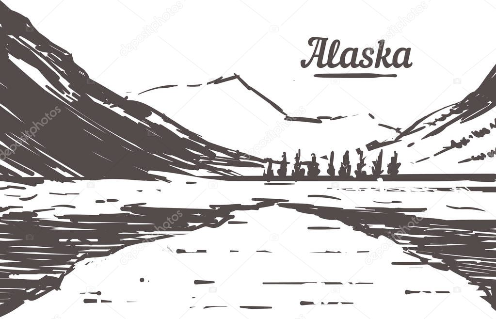 Alaska skyline drawn sketch. Alaska vector illustration