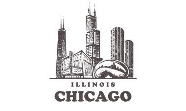 Chicago silüeti. Illinois, Chicago el çizimvektör illüstrasyon.