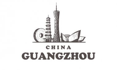 El çizilmiş Guangzhou bina elemanları kroki vektör illüstrasyon ufuk çizgisi.
