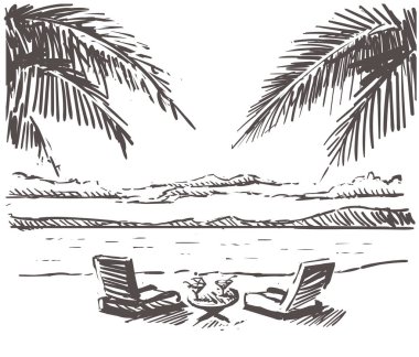 Kumlu palmiye plajda yuvarlak bir masa ile şezlong. Samui el çizilmiş çizim illüstrasyon.