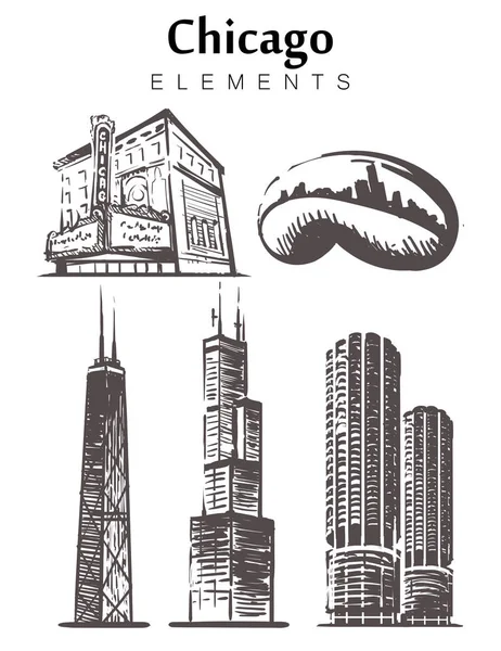 Chicago eskiz silueti ayarlayın. Illinois, Chicago el çizimvektör illüstrasyon.
