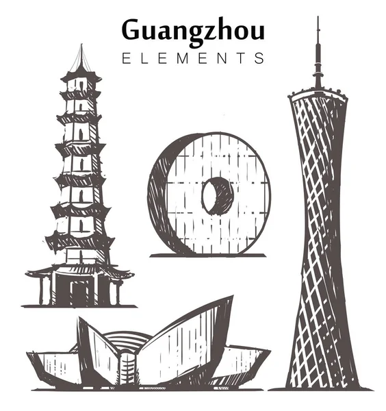 Conjunto de elementos de edifícios desenhados à mão Guangzhou esboço ilustração vetorial . — Vetor de Stock