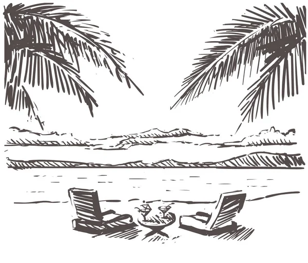 Solstolar med ett runt bord på sandstranden Palm Beach. Samui handritad skiss illustration. — Stock vektor