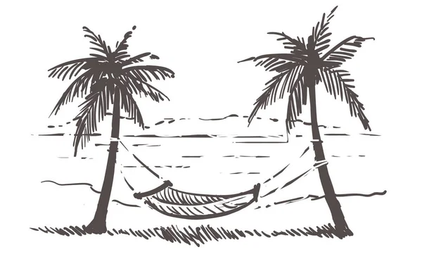 Hangmat tussen de palmbomen op het strand van de zee. Samui hand getekende schets illustratie. — Stockvector