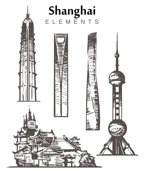 Set van hand getekende Shanghai gebouwen elementen schets vector illustratie. — Stockvector