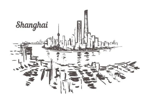 Shanghai Skyline rajzolt vázlat. Shanghai vektor illusztráció — Stock Vector