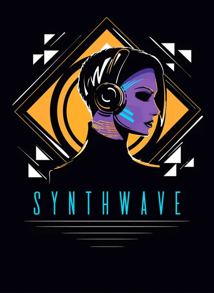 Retro Wave meisje met kort haar in de jaren 80 stijl. Futuristische Sky-fi vrouw op gele en witte geometrische vormen achtergrond. — Stockvector