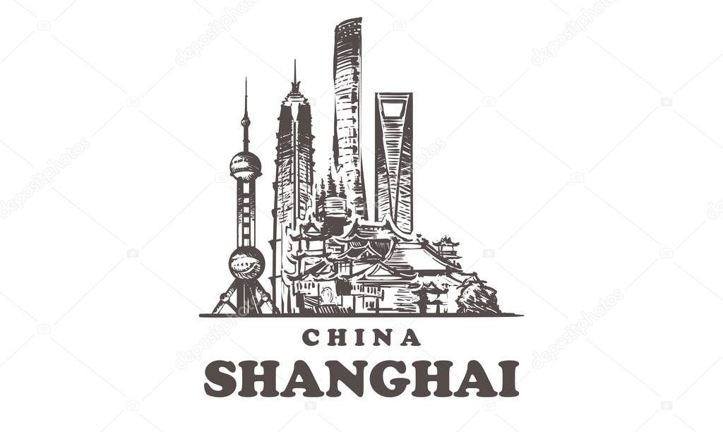 Shanghai sketch skyline. China, Shanghai hand drawn vector illustration.