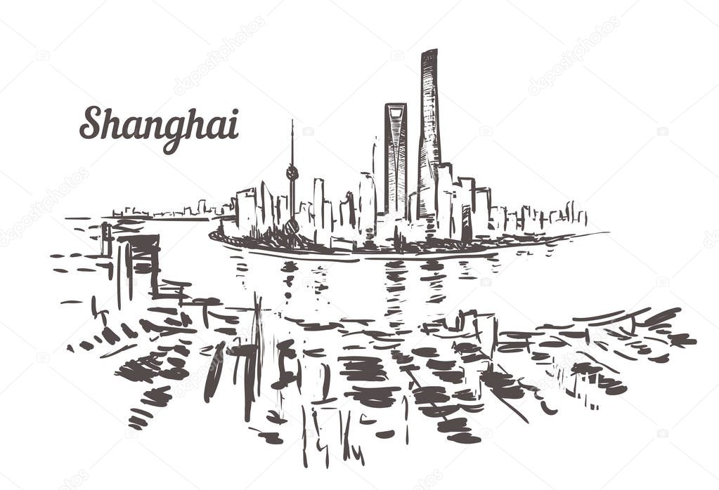 Shanghai skyline drawn sketch. Shanghai vector illustration