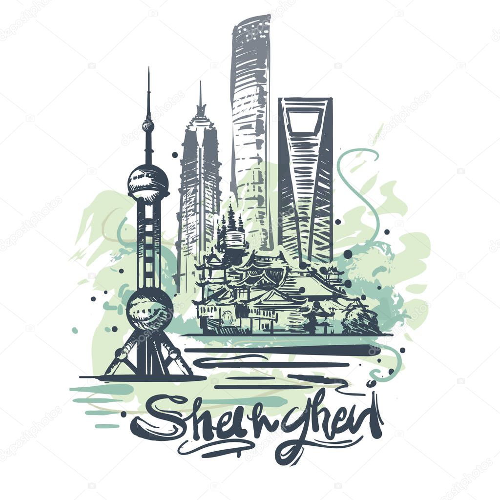 Shanghai abstract color drawing. Shanghai sketch vector illustration