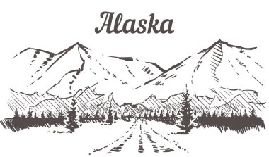 Alaska siluet kroki, karlı dağlara Alaska yol el çizilmiş illüstrasyon
