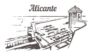 Alicante silüeti çizimi. Alicante, Kaleden İspanya deniz manzarası el çizilmiş illüstrasyon