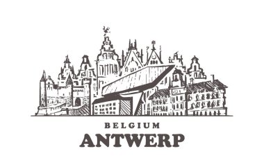 Antwerp çizim silueti. Anvers, Belçika el çizimi vektör illüstrasyon