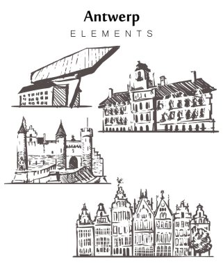 Elle çizilmiş Antwerp binaları kümesi, Antwerp elemanları çizim vektör illüstrasyon.