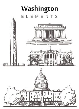Set of hand-drawn Washington buildings, sketch vector illustration. clipart