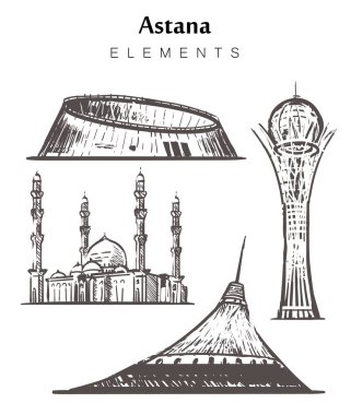 Elle çizilmiş Astana binaları seti, Nur-Sultan elemanları çizim vektör illüstrasyon.