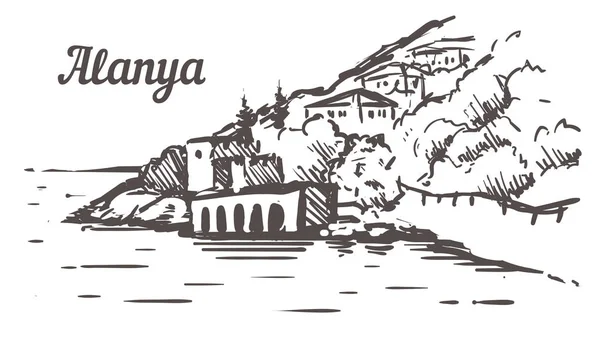 Alanya Shipyard Tersane sketch. Alanya, Turkey hand drawn illustration — Stock Vector