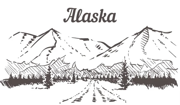 Alaska skyline sketch, Alaska road to snowy mountains hand drawn illustration — Stock Vector