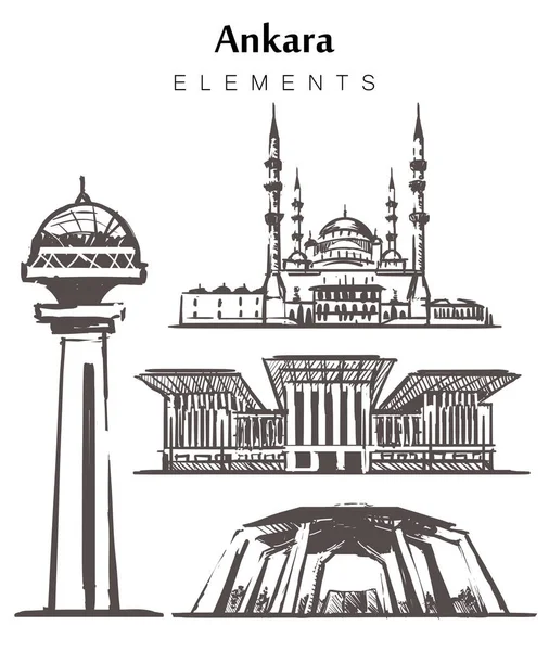 Set van hand getekende Ankara gebouwen elementen schets vector illustratie. — Stockvector