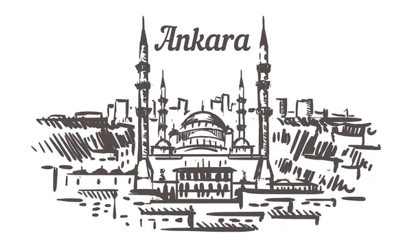 Bosquejo del horizonte de Ankara, ilustración dibujada a mano de la mezquita de Kocatepe — Vector de stock