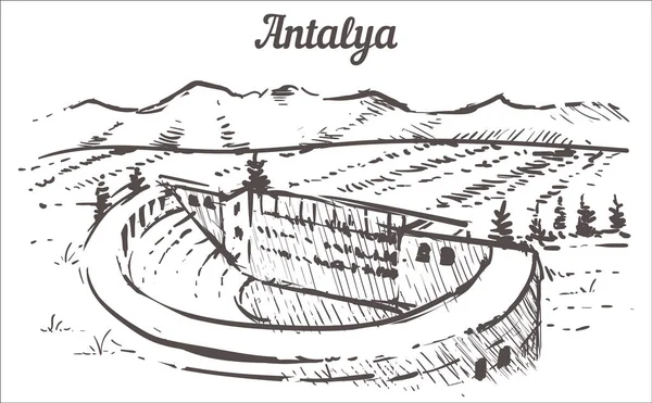 Σκίτσο του ορίζοντα της Αττάλειας. Η αρχαία πόλη της Ασπενδου Αττάλειας, Τουρκία με το χέρι — Διανυσματικό Αρχείο
