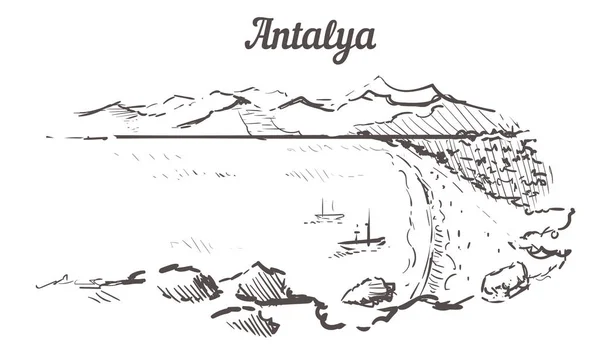 Antalya skyline skiss. Antalya, Turkiet strand hand ritad — Stock vektor