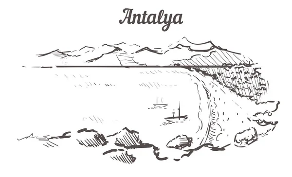 Esbozo del horizonte de Antalya. Antalya, Turquía playa dibujado a mano — Vector de stock