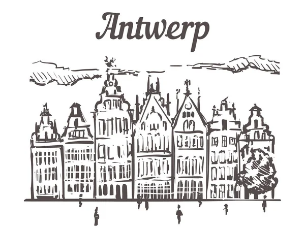 Antwerpeni céh épületek vázlat. , Antwerpen, Belgium kézzel rajzolt illusztráció — Stock Vector