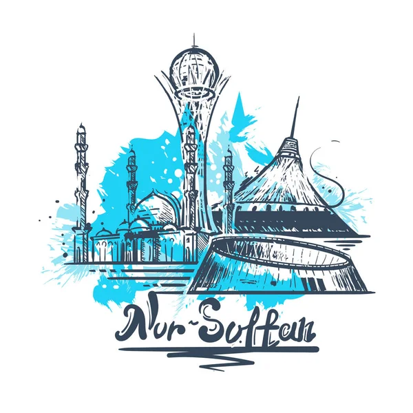 Nur-Sultan abstracte kleur tekening. Astana schets vector illustratie — Stockvector