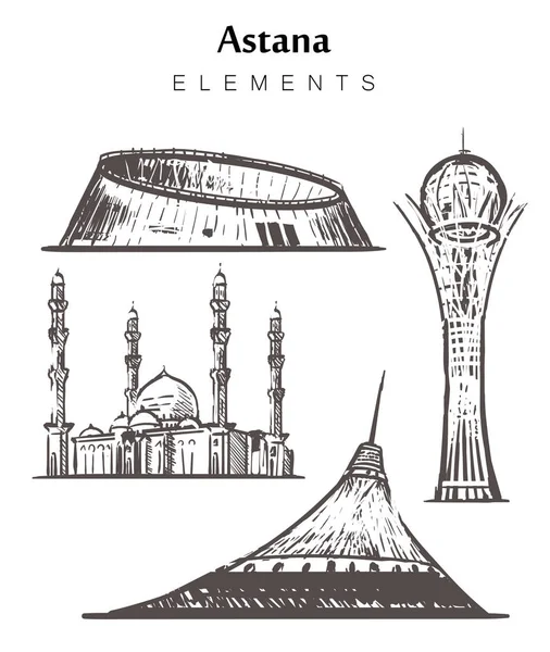 Sada ručně kreslené stavby Astana, prvky Nur-sultána nákres vektorové ilustrace. — Stockový vektor