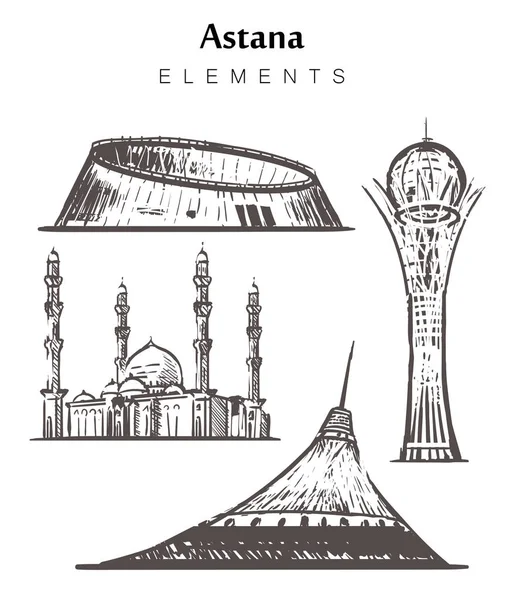 Elle çizilmiş Astana binaları seti, Nur-Sultan elemanları çizim vektör illüstrasyon.