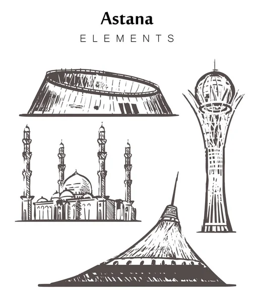 손으로 그린 아스타나 건물 세트, 누르 술탄 요소 스케치 벡터 일러스트. — 스톡 벡터