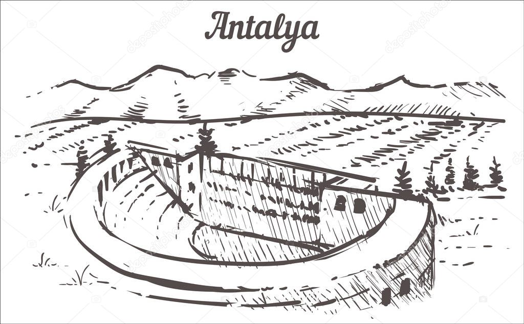 Antalya skyline sketch. The ancient city of Aspendos Antalya, Turkey hand drawn