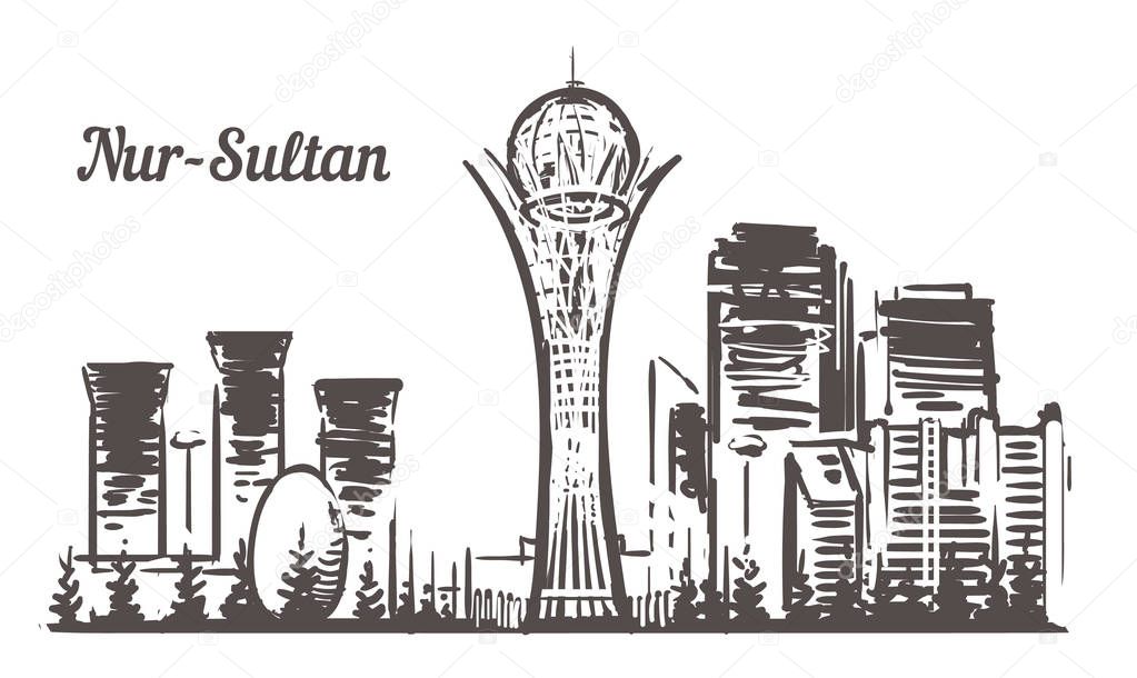 Astana sketch skyline. Nur-Sultan, Astana hand drawn vector illustration.