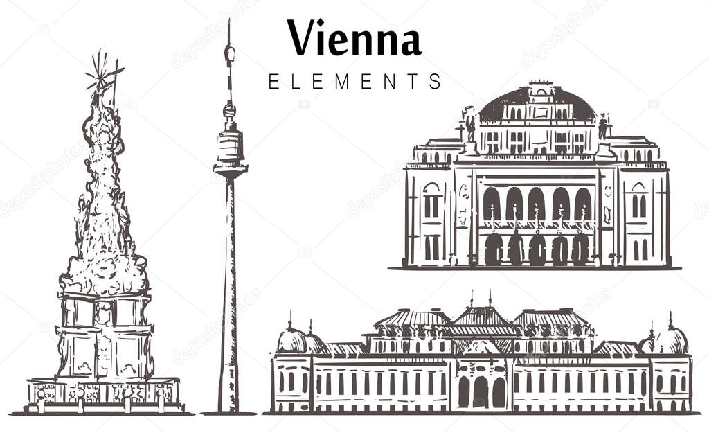 Set of hand-drawn Vienna buildings, Vienna elements sketch vector illustration.