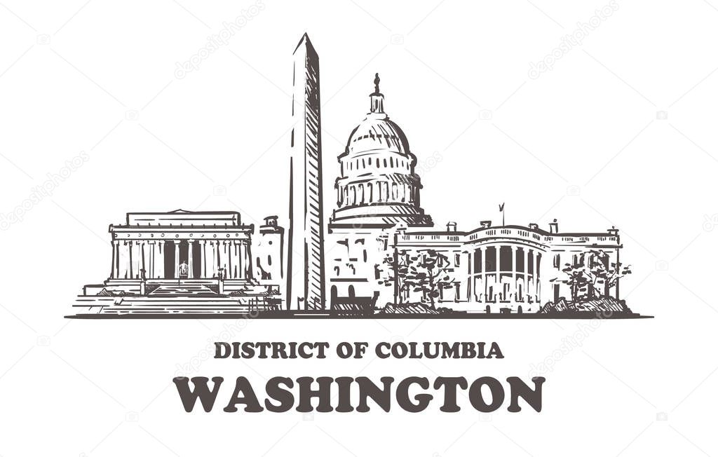 Washington sketch skyline. Washington, District of Columbia hand drawn vector illustration.