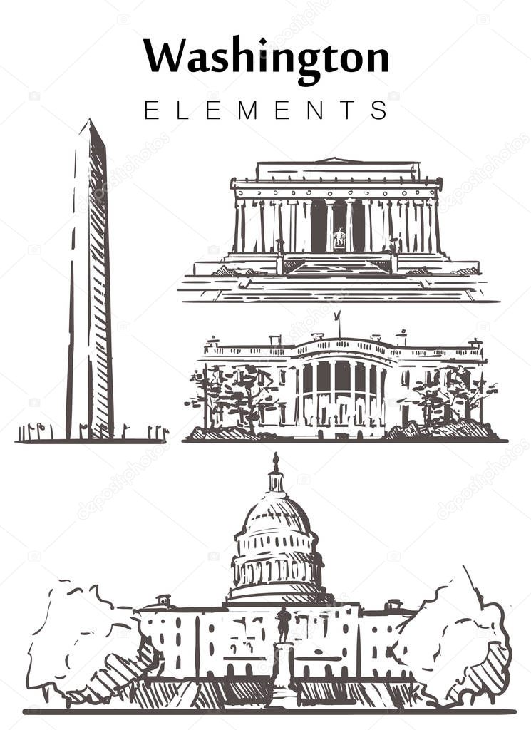 Set of hand-drawn Washington buildings, sketch vector illustration.
