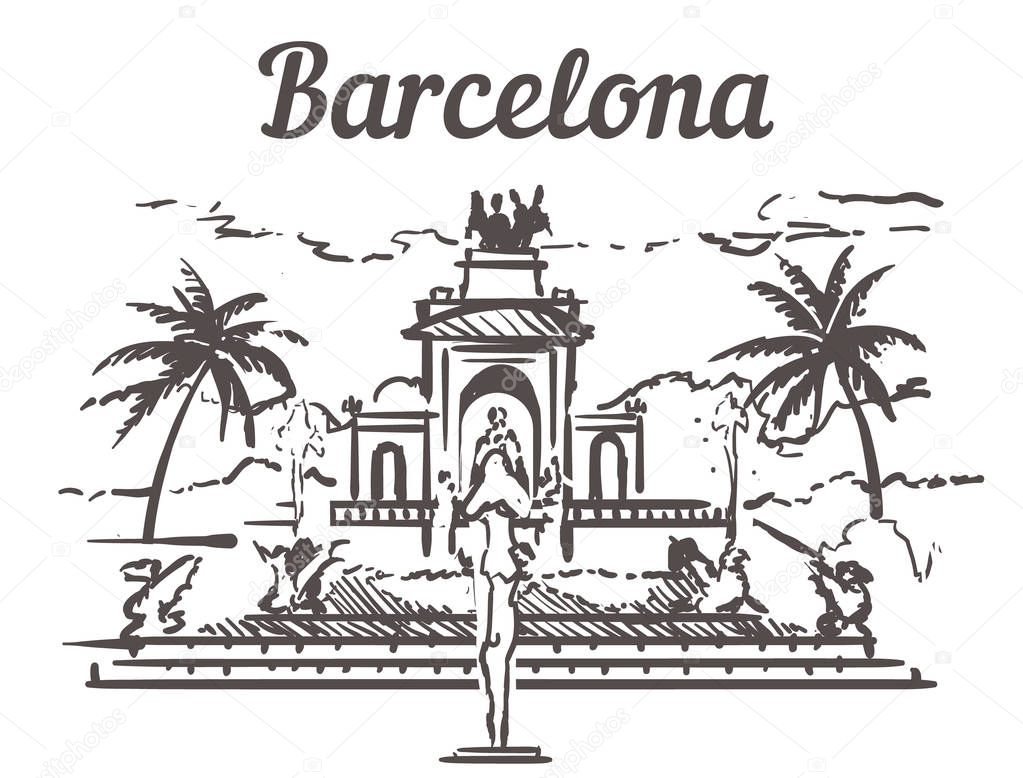 Barcelona sketch skyline. Barcelona,Spain hand drawn vector illustration. isolated on white background.