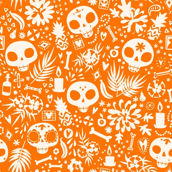 Patrón Vectorial Inconsútil Dia Los Muertos Los Principales Símbolos Fiesta — Archivo Imágenes Vectoriales