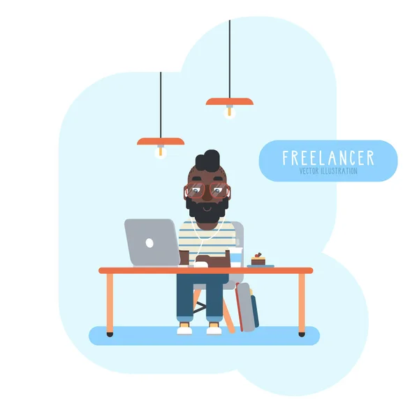 Gelukkig Man Werken Als Freelancer Een Café Cartoon Schattig Platte — Stockvector