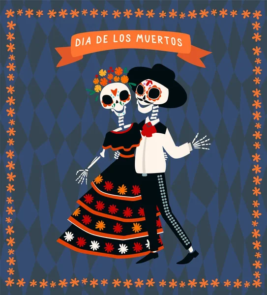 Casal Esqueleto Mexicano Trajes Tradicionais Design Desenho Animado Plano Vetorial — Vetor de Stock