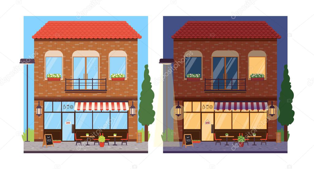 Modern coffee shop in an old building. Cafe exterior at day and night. Vector flat cartoon illustration.