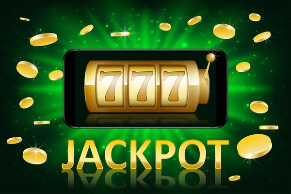 Jackpot brilhante etiqueta de casino de ouro com moedas de dinheiro. Casino jackpot vencedor pôster jogar com texto. Conceito de sucesso de máquina de fenda. Ilustração vetorial — Vetor de Stock