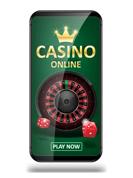 Banner di marketing del casinò online. app telefonica con dadi, poker e roulette. Giocare a poker Web e giochi da casinò di gioco. Illustrazione vettoriale — Vettoriale Stock