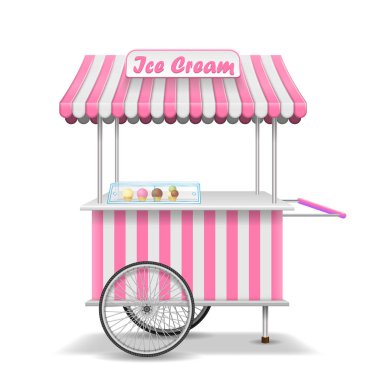 Tekerlekli gerçekçi sokak gıda sepeti. Mobil pembe dondurma piyasa ahır şablonu. Dondurma kiosk mağaza mockup. Vektör çizim