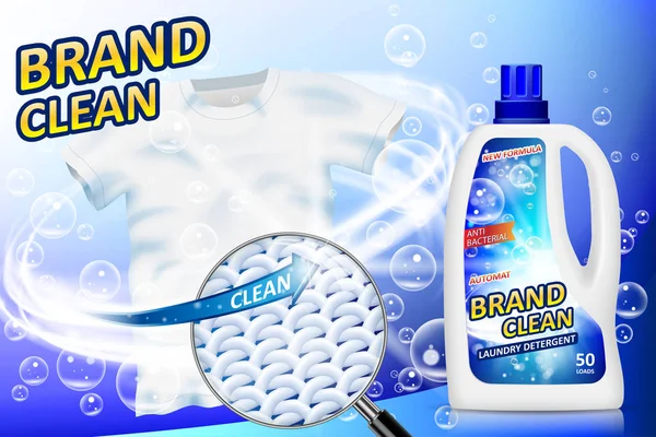 Beyaz konteyner Çamaşırhane deterjan reklam 3d şişesiyle. Leke sökücü paket tasarım reklam için. Deterjan beyaz giysiler, closeup lif yapısı yıkama. Vektör çizim