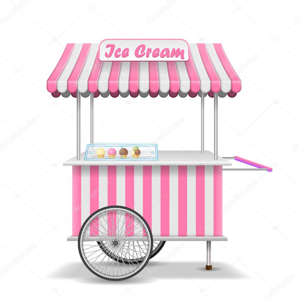 Download Realistic street food cart with wheels. Mobile pink ice cream market stall template. Ice cream ...