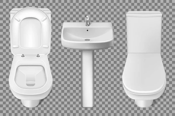 Badrum inredning toalett och handfat realistiska mockup. Närbild titt på vit toalett skål och badrum handfat. 3D vektorillustration isolerade på transparent bakgrund — Stock vektor
